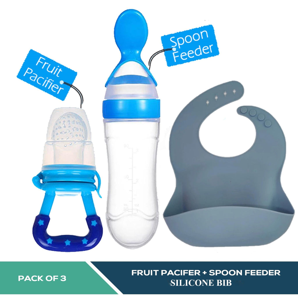 Baby Silicone Spoon Feeder Pacifier and Silicone Bib (Pack of 3)