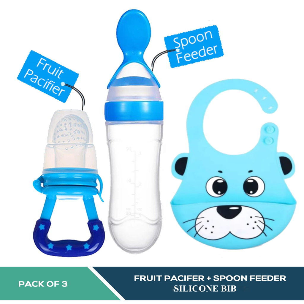 Baby Silicone Spoon Feeder Pacifier and Silicone Bib (Pack of 3)