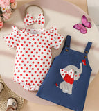 Pre-Order 3pcs Polka Dot Romper With Embroidered Elephant Dungaree+Headband