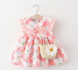 Lace Collar Neck Floral Frock With Straw Bag