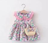 Lace Collar Neck Sunflower Frock With Straw Bag