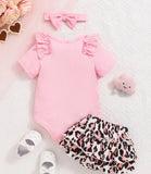 Pre-Order 3pcs Pink Ruffled Top With Leopard Print Skirt+Headband