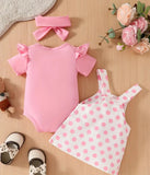 Pre-Order 3pcs Pink & White Romper With Bear Print Suspender Dress+Headband