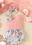 Pre-Order One-Shoulder Floral Bow Romper With Matching Headband