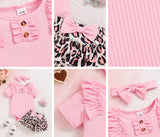 Pre-Order 3pcs Pink Ruffled Top With Leopard Print Skirt+Headband
