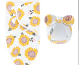 Summer Cotton Yellow Floral Swaddle With Bow Cap