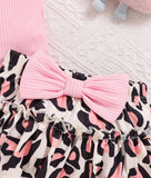 Pre-Order 3pcs Pink Ruffled Top With Leopard Print Skirt+Headband