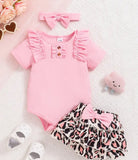 Pre-Order 3pcs Pink Ruffled Top With Leopard Print Skirt+Headband