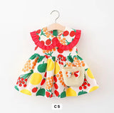 Lace Collar Neck Fruit Print Frock With Straw Bag