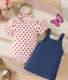 Pre-Order 3pcs Polka Dot Romper With Embroidered Elephant Dungaree+Headband