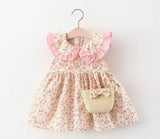 Lace Collar Neck Mini Floral Frock With Straw Bag