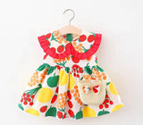 Lace Collar Neck Fruit Print Frock With Straw Bag
