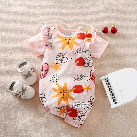 Summer Leaf & Star Print Short Legs Cotton Romper