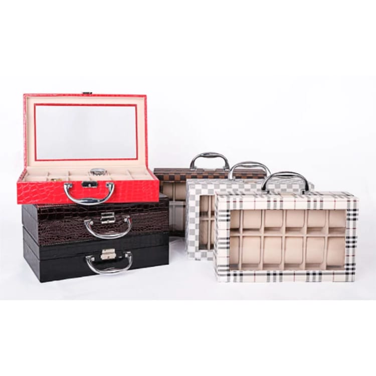 PU Leather Watch Storage Box with Handle (12 Slots)