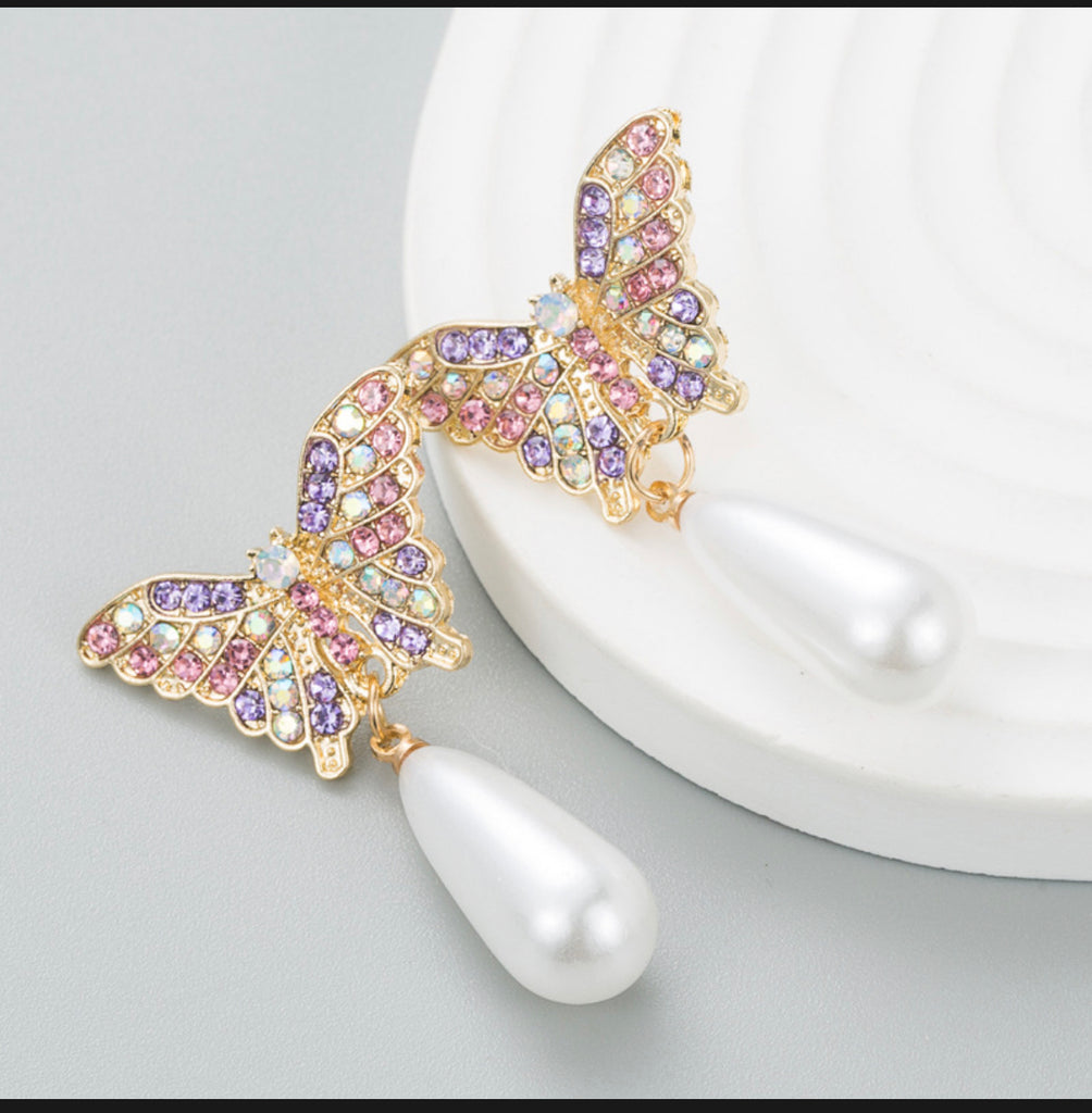 Diamond Pearl Butterfly Earring